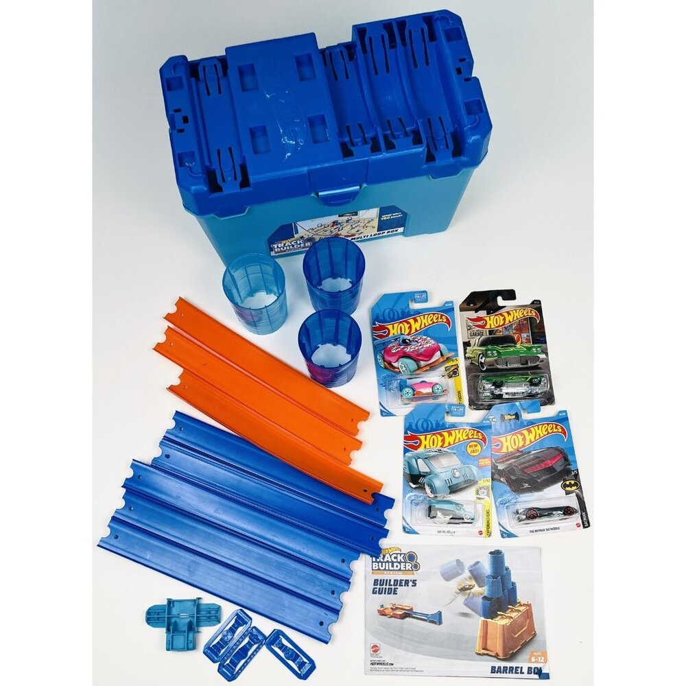 HOT WHEELS Track Builder Multi Loop & Barrel Box Replacement Parts + 4 NIP Cars
